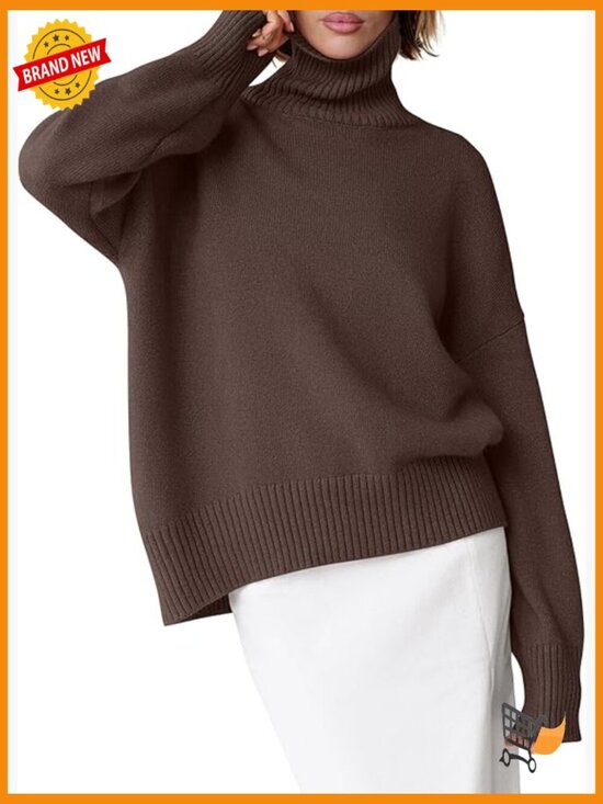 Sweaters - Oversized Chunky Knit Turtleneck Sweater Pullover Long Sleeve High Low Hem